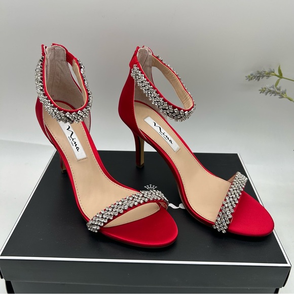 NINA Women's Vauna Evening satin Sandals in red rouge crystal size 8M NEW - Picture 6 of 6